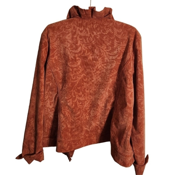 Chico's Orange Ruffled Micro Corduroy Tone On Tone Pattern Jacket Size 3(L) - Picture 2 of 4